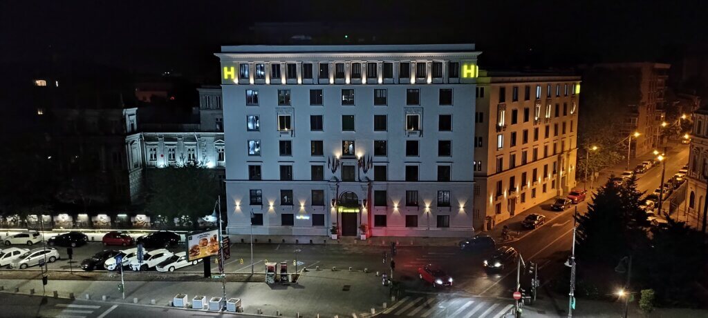 photo of a building taken at night with Poco M5s
