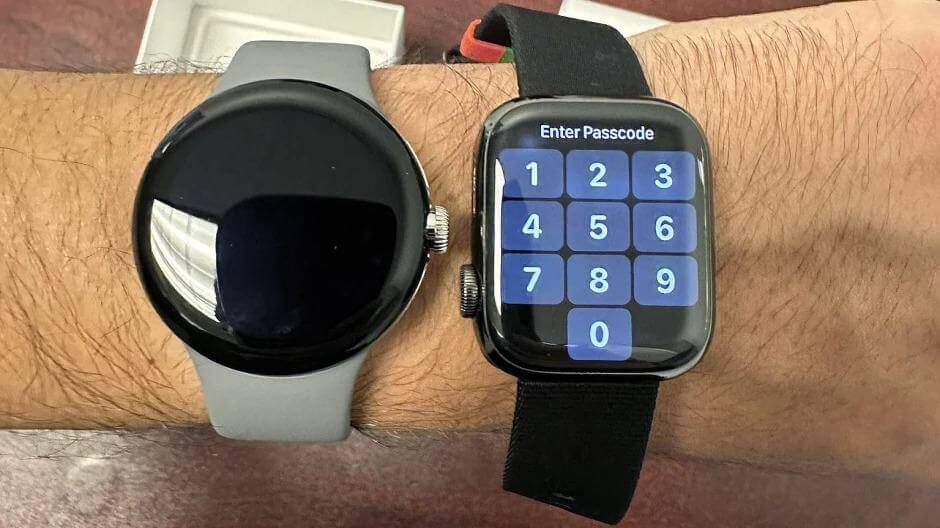 Pixel Watch and Apple Watch side by side