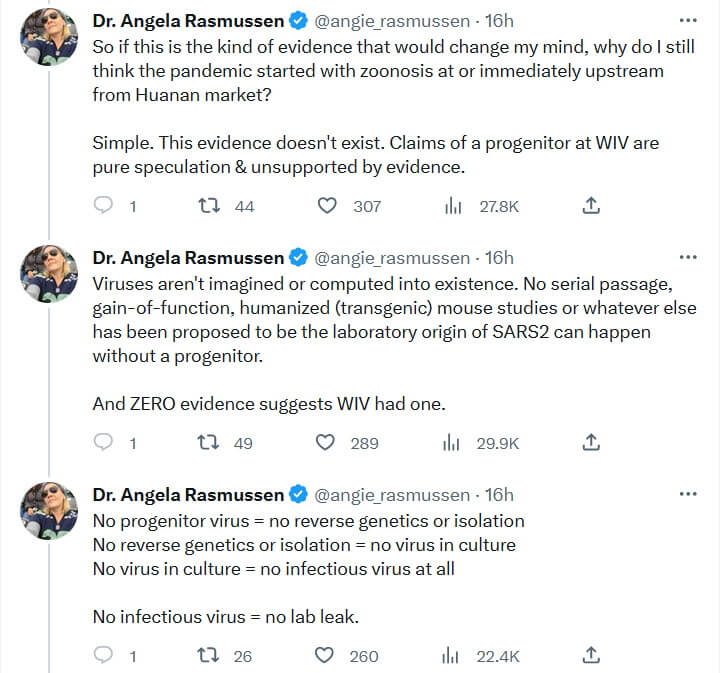 screenshot of dr angela rasmussen twitter about origins of covid-19 origin